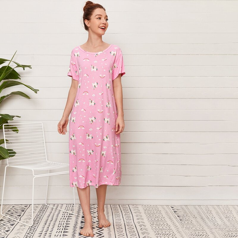 

Cartoon Unicorn And Rainbow Print Night Dress, Pink