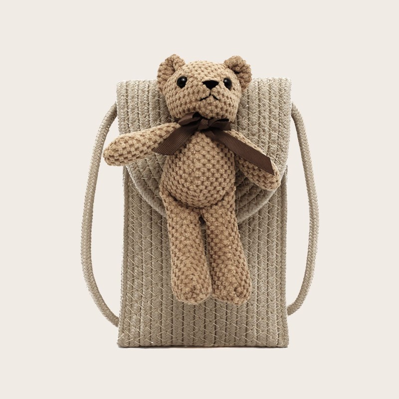 

Bear Decor Woven Crossbody Bag, Brown