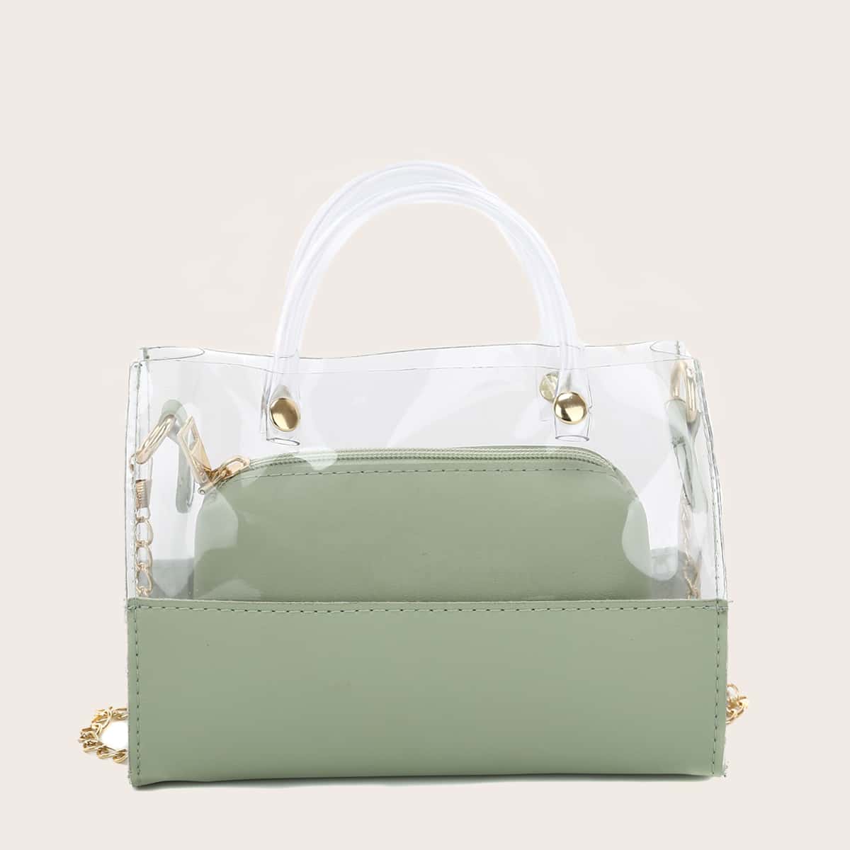 

Contrast PU Clear Satchel Bag With Inner Pouch, Green