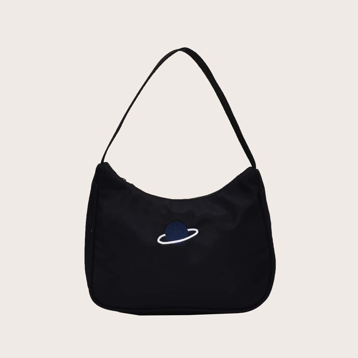 

Planet Embroidered Tote Bag, Black