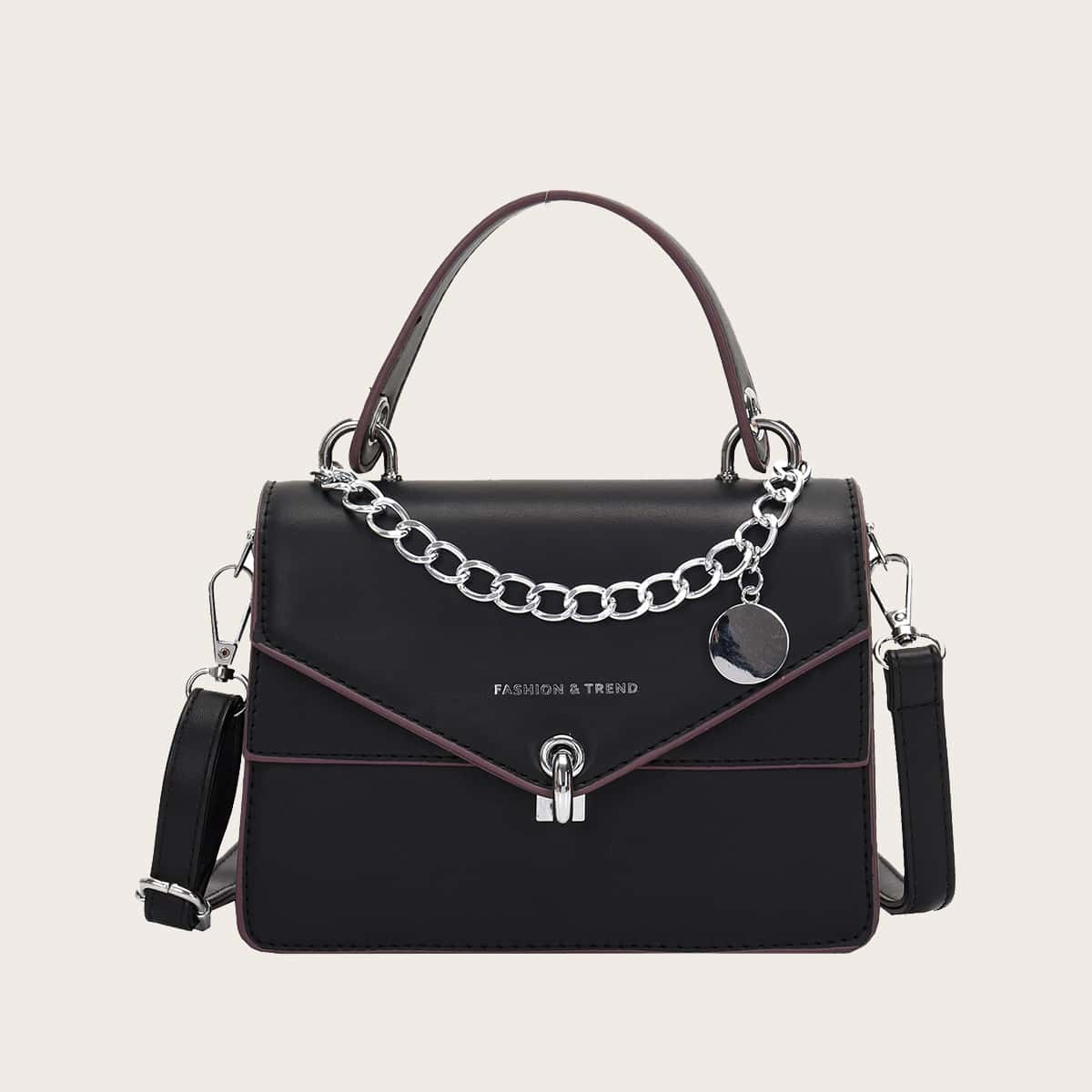 

Chain Handle Flap Satchel Bag, Black
