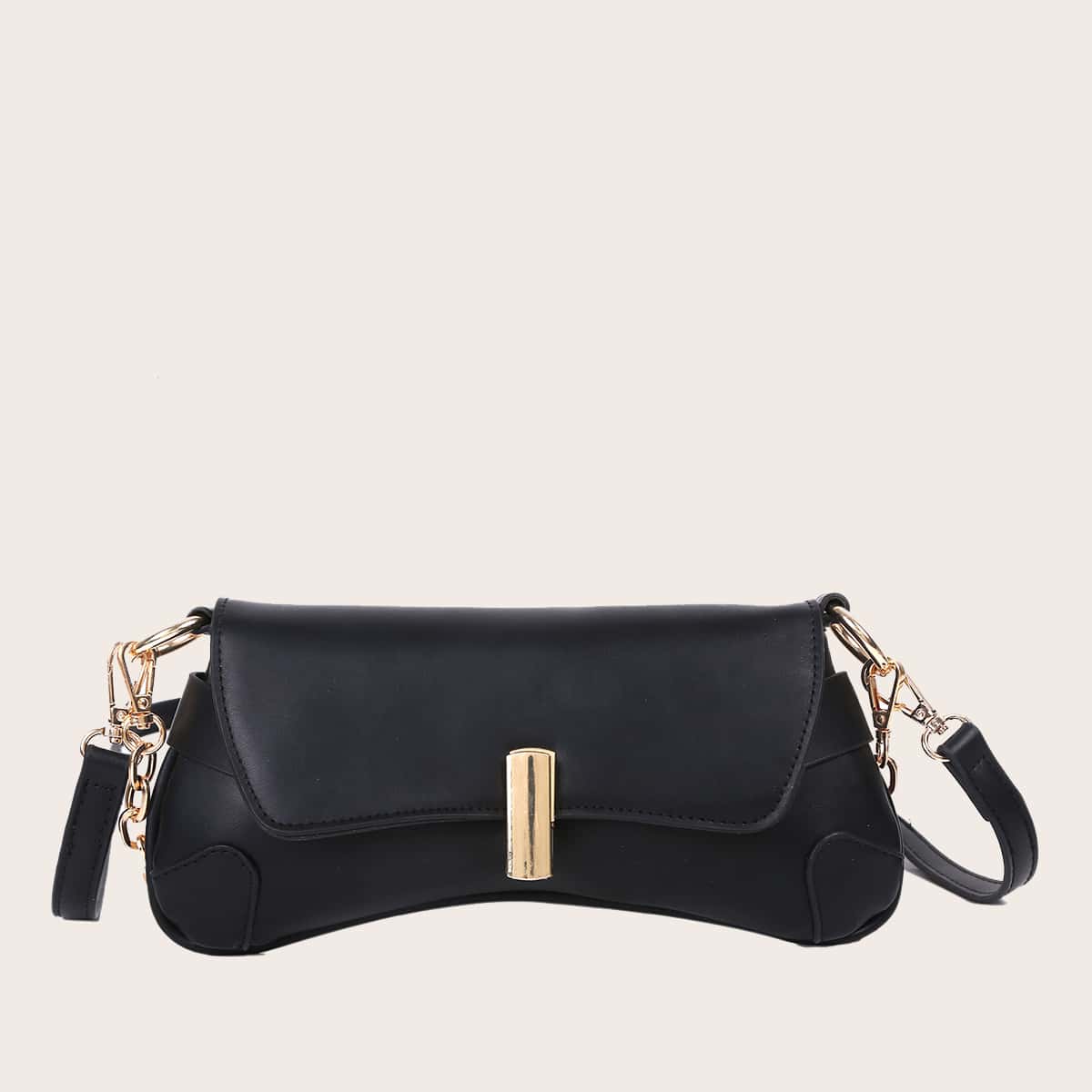 Chain Handle Flap Shoulder Bag, Black