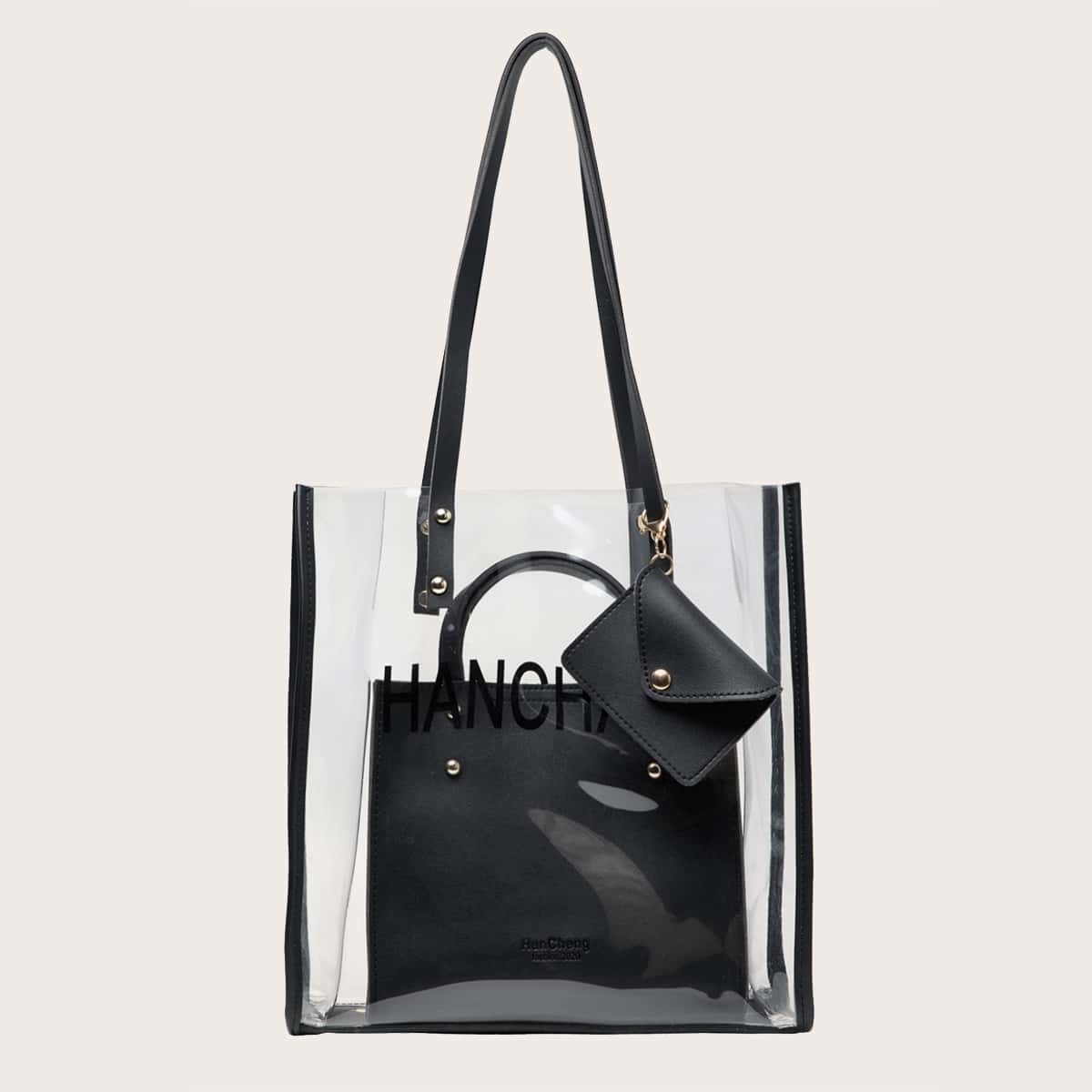 

3pcs Clear Tote Bag With Satchel Bag & Purse, Black