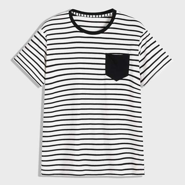 

Men Striped Pocket Round Neck Tee, Black and white