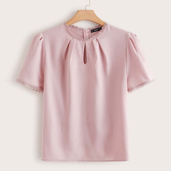 

Plus Keyhole Neck Lace Trim Top, Pink pastel