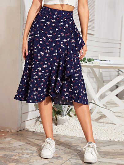 Ditsy Floral Asymmetric Ruffle Hem Skirt