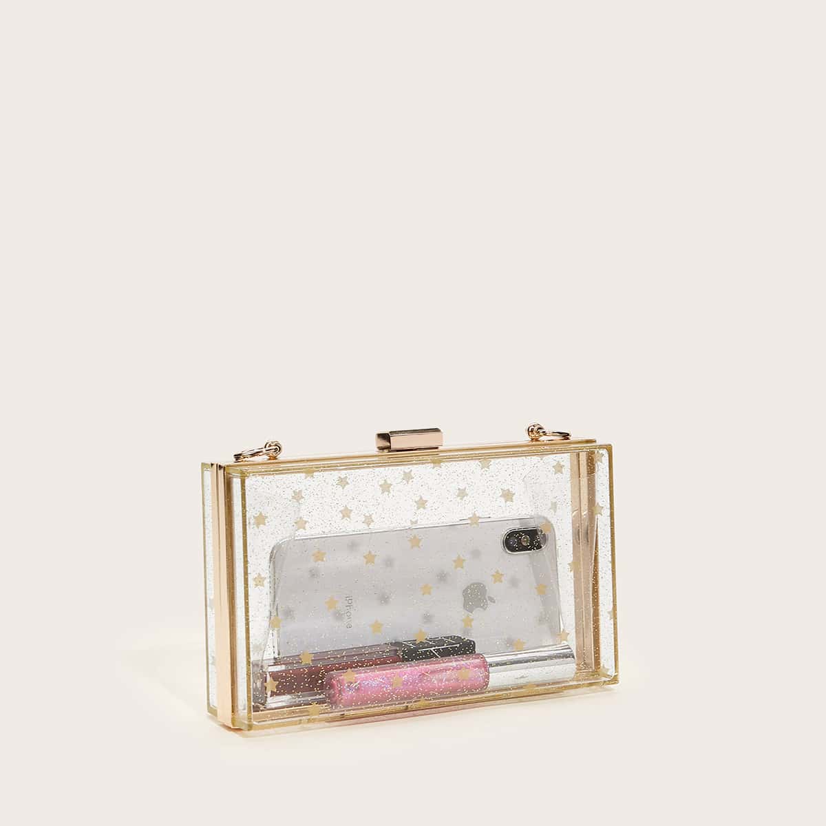 

Star Pattern Glitter Clear Clutch Bag, Gold