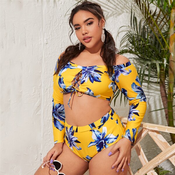 

Plus Floral Lace-up Front Bardot Bikini Swimsuit, Yellow