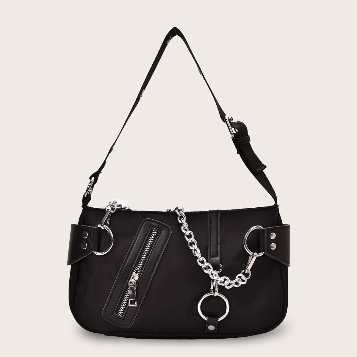 

Chain Decor Zip Side Tote Bag, Black