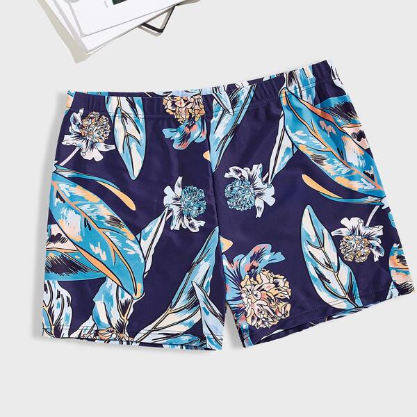 

Men Floral & Plants Print Swim Trunks, Navy