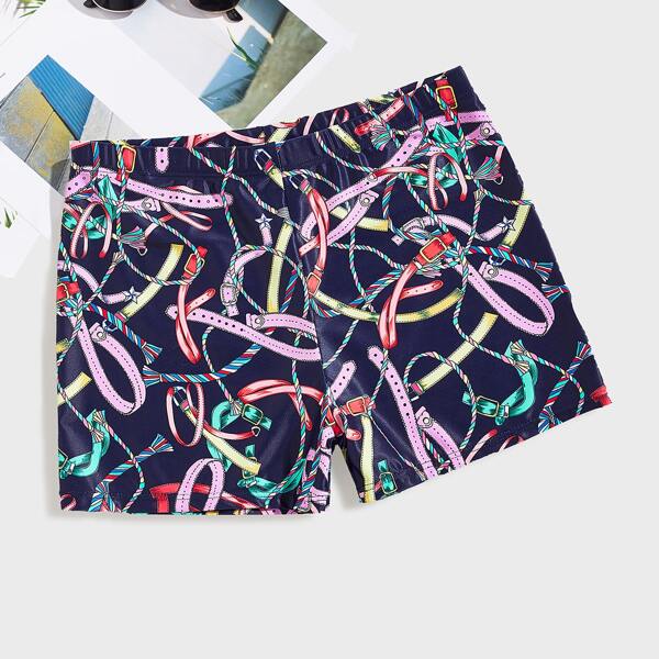 

Men Belt Print Swim Trunks, Navy