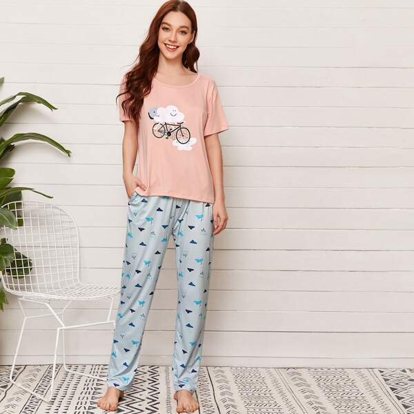 

Cartoon Cloud And Bicycle Graphic PJ Set, Multicolor