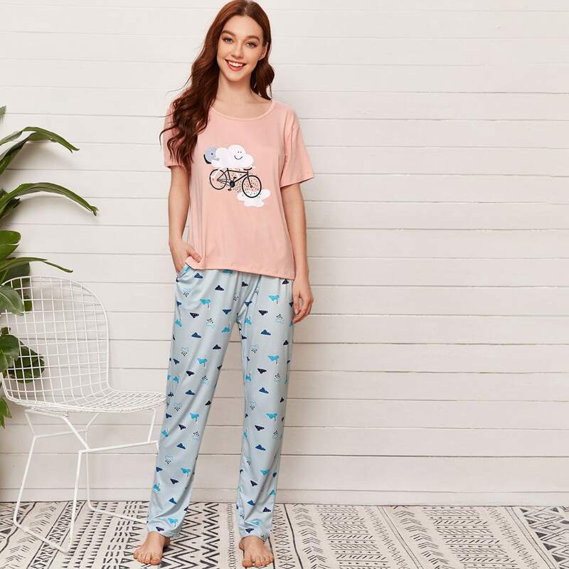 

Cartoon Cloud And Bicycle Graphic PJ Set, Multicolor