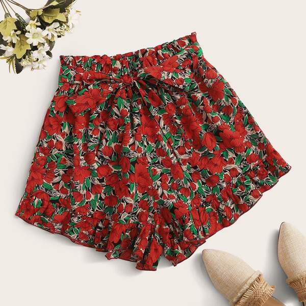 

Plus Floral Print Paper Bag Waist Belted Shorts, Multicolor