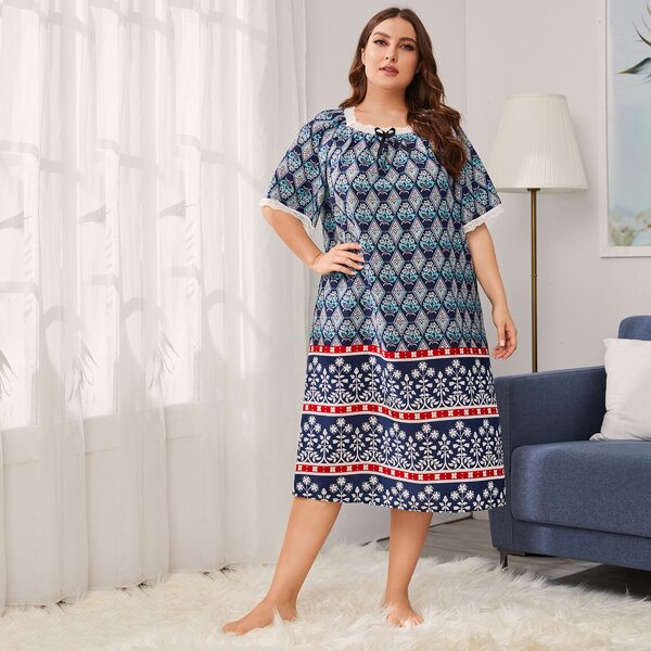 

Plus Tribal Print Lace Insert Tie Front Nightdress, Multicolor