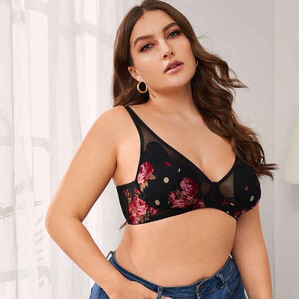 

Plus Floral Print Mesh Bralette, Black