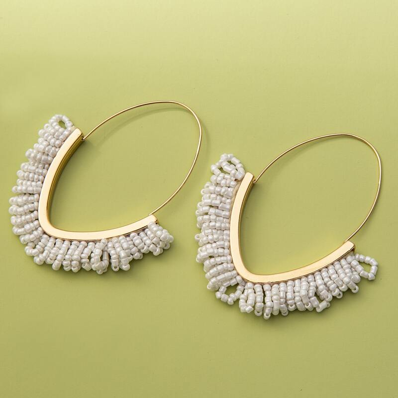 

Beaded Tassel Hoop Earrings, White