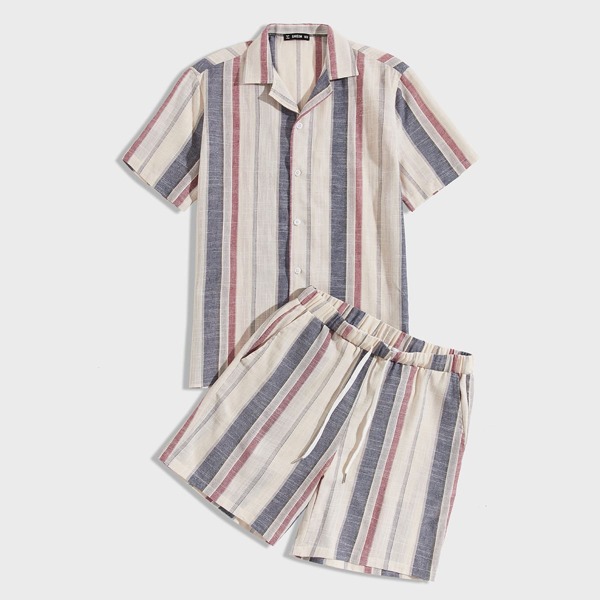 

Men Notched Collar Striped Shirt & Shorts Set, Multicolor