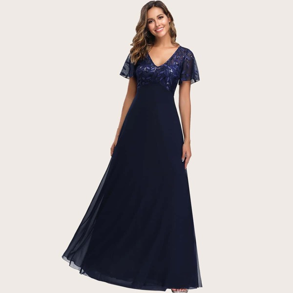 

Sequin Leaf Mesh Prom Dress, Navy blue