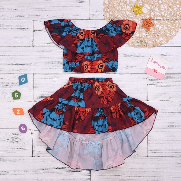 

Toddler Girls Floral Print Top & High Low Ruffle Hem Skirt, Multicolor