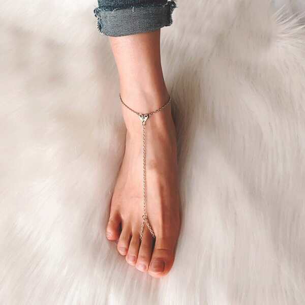 

1pc Heart Decor Toe Ring Anklet, Silver