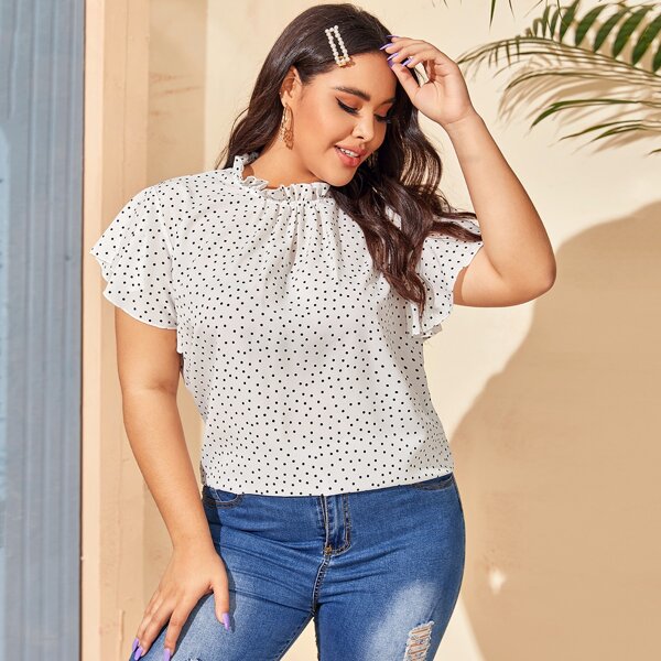 

Plus Frill Neck Polka Dot Blouse, White