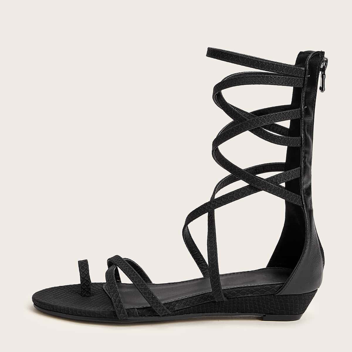 

Toe Ring Zip Back Gladiator Sandals, Black