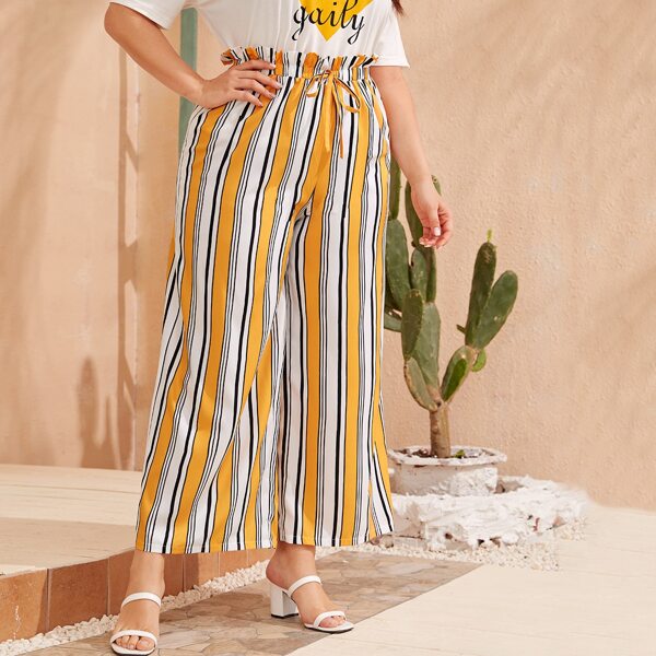 

Plus Striped Drawstring Waist Paperbag Pants, Multicolor