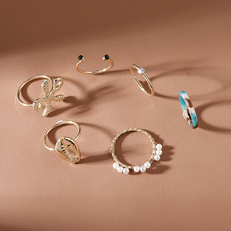 

6pcs Starfish & Shell Decor Ring, Gold