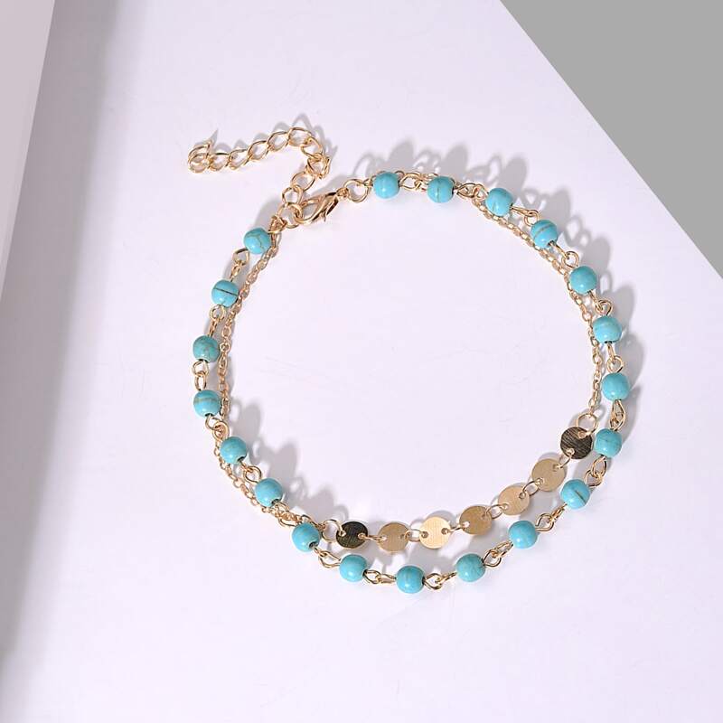 

1pc Disc Charm & Beaded Layered Anklet, Multicolor