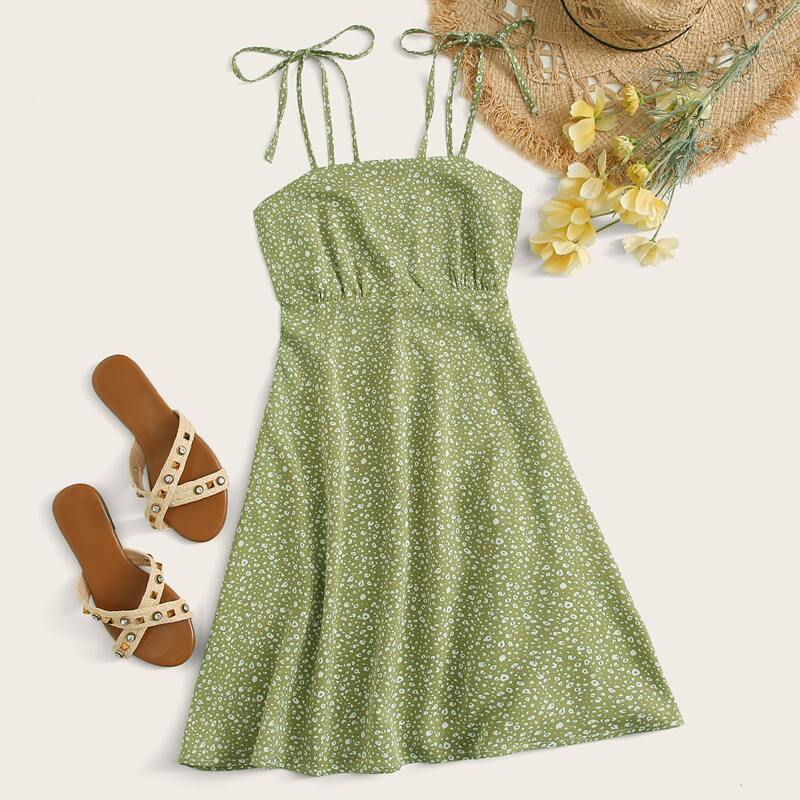 

Tie Shoulder Allover Print Cami Dress, Green