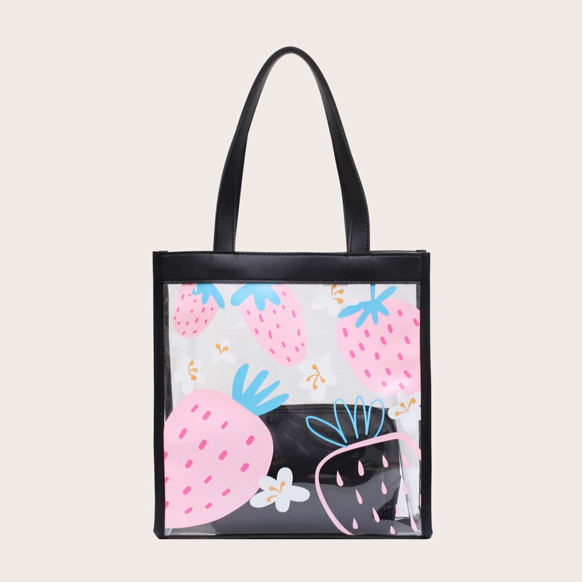 

Strawberry Print Clear Tote Bag With Inner Pouch, Multicolor