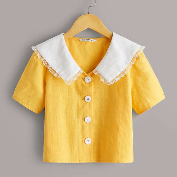 

Girls Lace Trim Contrast Collar Buttoned Blouse, Yellow