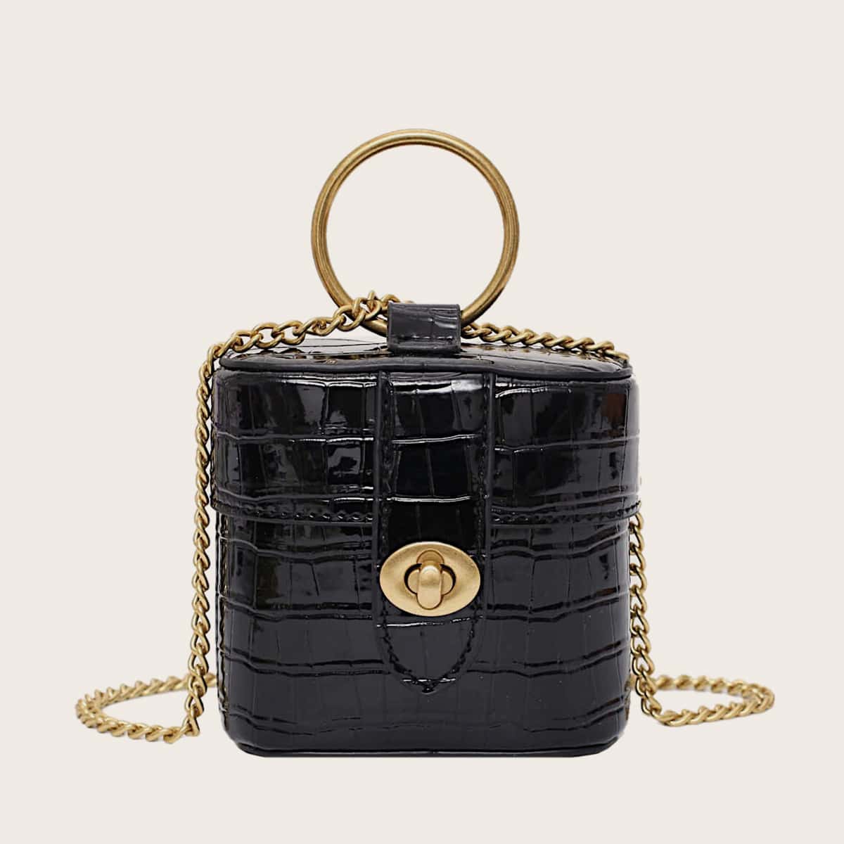 

Mini Ring Handle Croc Embossed Satchel Bag, Black