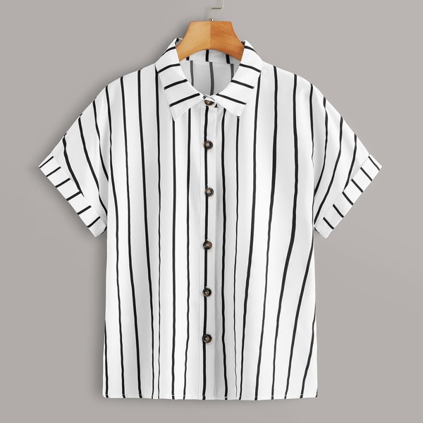 

Vertical Striped Button Up Blouse, White