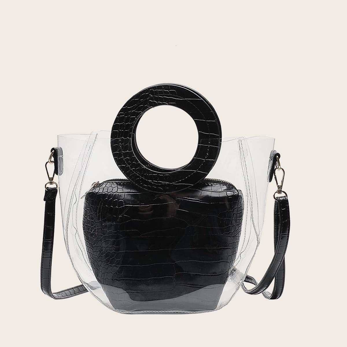 

2pcs Clear Bag With Croc Embossed Satchel Bag, Black