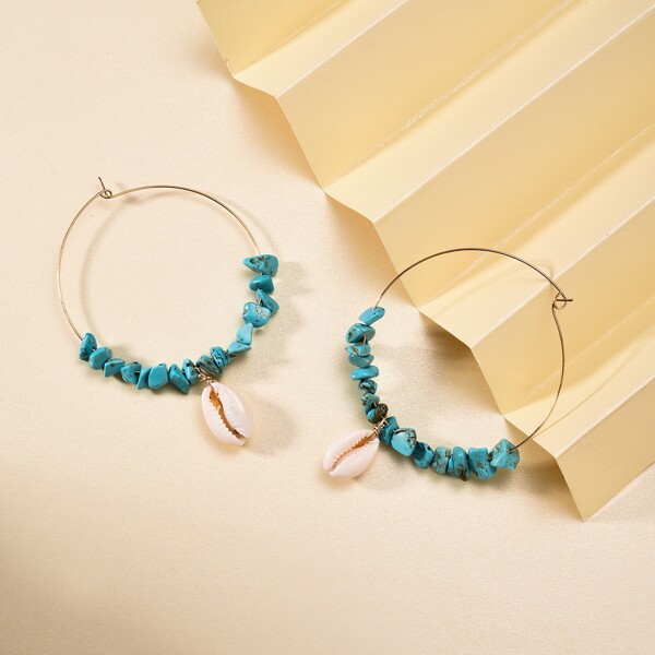 

1pair Stone & Shell Decor Hoop Drop Earrings, Multicolor