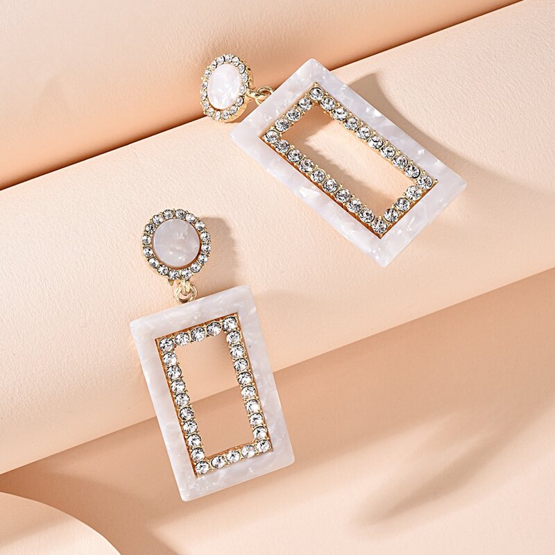 

1pair Rhinestone Rectangle Drop Earrings, White