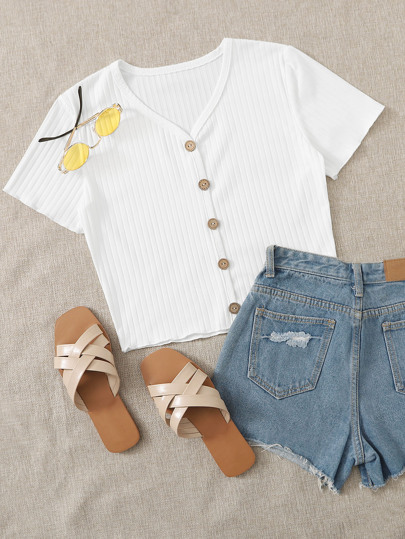 Rib-knit Button Front V-neck Tee