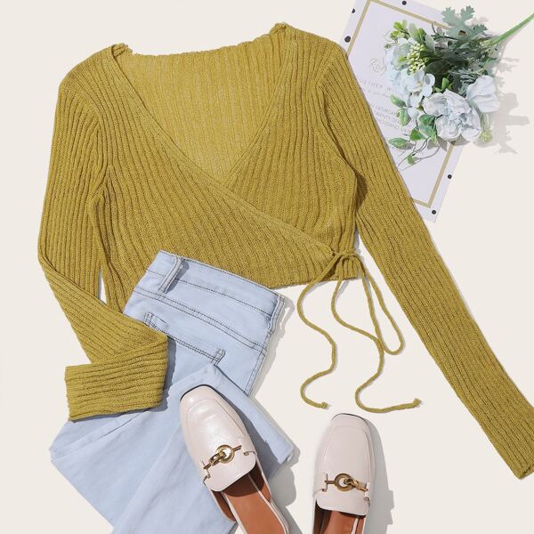 

Wrap Tie Side Ribbed Cardigan, Yellow