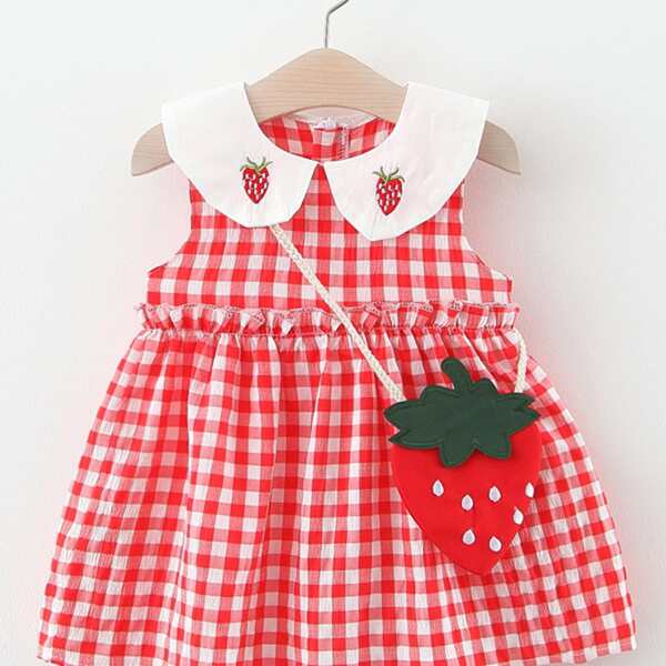 

Toddler Girls Gingham Strawberry Embroidered Dress With Bag, Red
