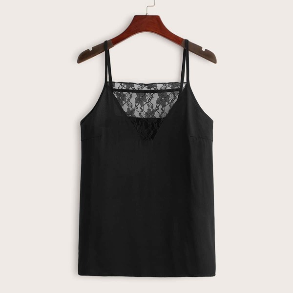 

Lace Panel Solid Cami Top, Black