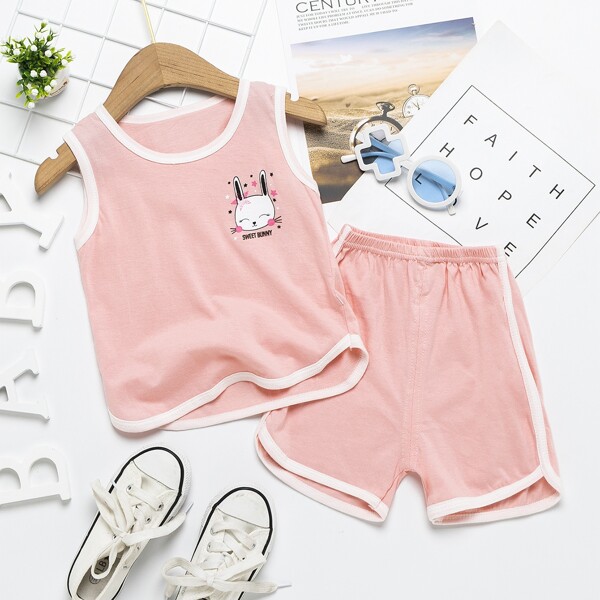 

Toddler Girls Cartoon Rabbit And Letter Graphic Tank & Shorts, Pink