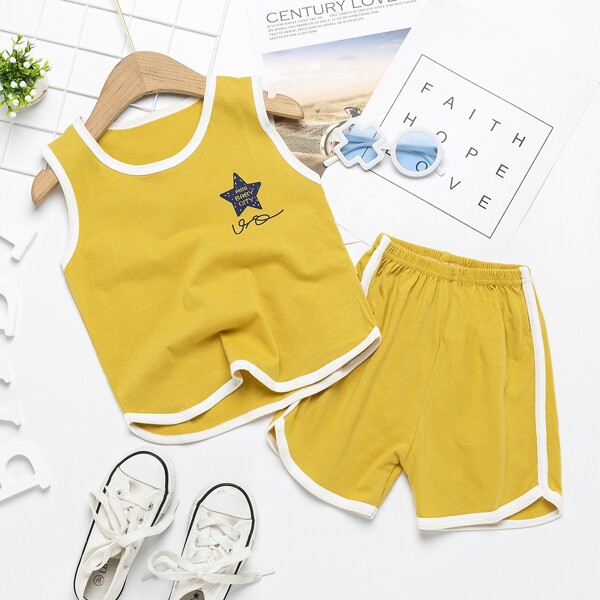 

Toddler Boys Star And Letter Graphic Contrast Binding Tank & Shorts, Yellow
