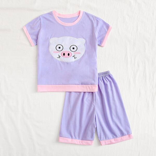 

Toddler Girls Cartoon Pig Print Ringer Tee & Shorts Pajama Set, Purple