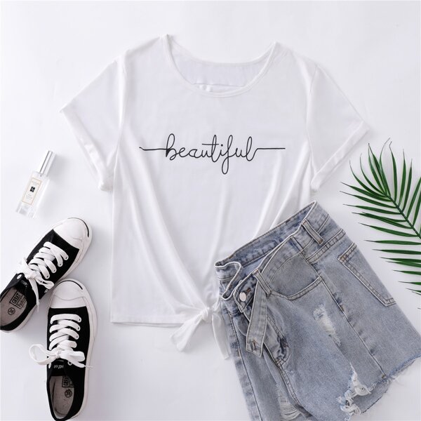 

Футболка размера плюс с узлом и текстовым принтом, Белые