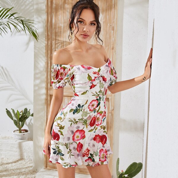 

Twist Front Floral Print Bardot Dress, Multicolor