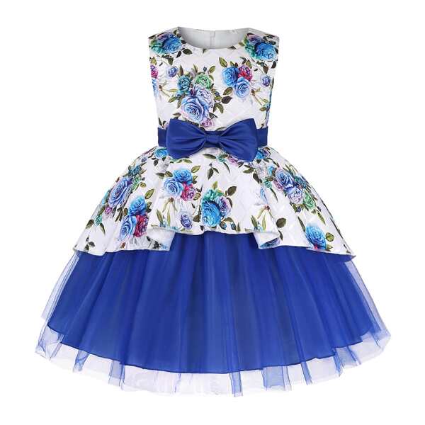

Toddler Girls Floral Contrast Mesh Big Bow Dress, Multicolor
