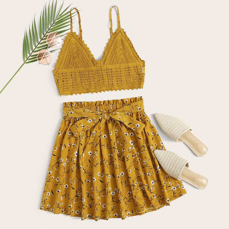 

Tie Back Crochet Cami Top & Paperbag Waist Ditsy Floral Skirt Set, Yellow