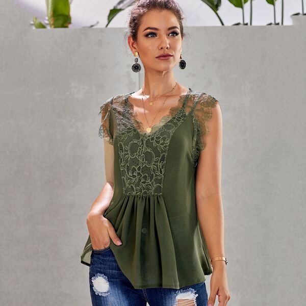 

Contrast Lace Solid Blouse, Army green